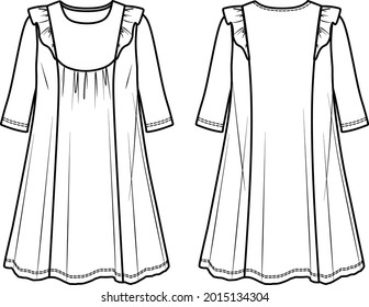 Vector a shape long sleeved dress fashion CAD, round neck woman dress with frill details technical drawing, sketch, template, flat. Jersey or woven fabric dress with front, back view, white color