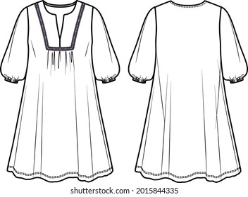 Vector una forma mangas largas moda de vestir CAD, vestido de mujer cuello redondo con dibujo técnico decorativo, esbozo, plantilla, plano. Ropa de tela Jersey o trenzada con vista frontal, trasera, color blanco