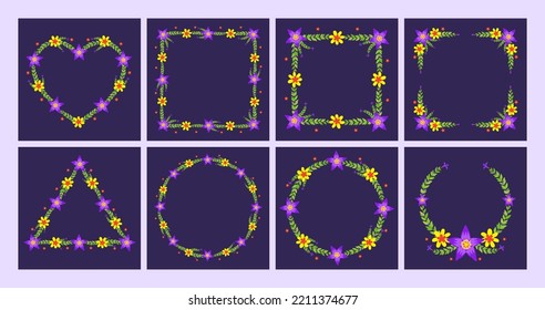 Vector shape of purple and yellow flowers frame, Floral border box label of wreath ivy style with branch and leaves.