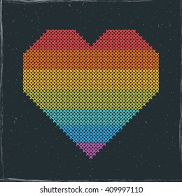 Vector shape of rainbow heart embroidered cross on blackboard or chalkboard. Imitation of cross stitching. Design for gay, lgbt, homosexual or lesbian community. Valentines day greeting card.