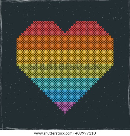 Vector shape of rainbow heart embroidered cross on blackboard or chalkboard. Imitation of cross stitching. Design for gay, lgbt, homosexual or lesbian community. Valentines day greeting card.