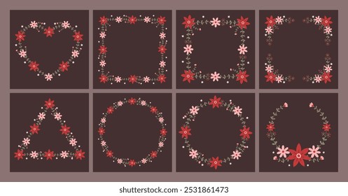 Vector shape of red and pink daisy flowers frame, Floral border box label of wreath with branch and leaves