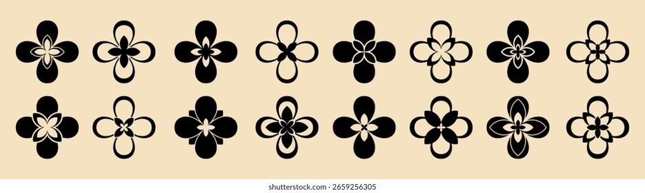 Vector shape set with abstract icons, cross, flowers, and inspired elements. Perfect for digital design, pattern, and graphics.