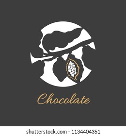 Vector shape sign. Symbol of cocoa tree, branch, leaves, bean, grain Organic chocolate, sweet aroma drink Luxury logo, exotic background, tropical design, night jungle, moon Print, stamp illustration 