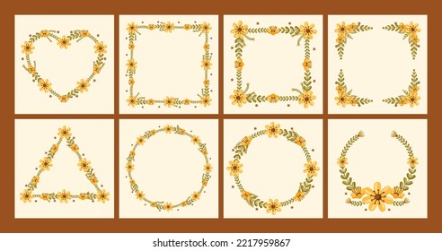 Vector shape of summer flowers frame, Floral border box label of wreath ivy style with branch and leaves.