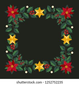 Vector shape of text box label and frame, Christmas flowers ivy style with branch and leaves.