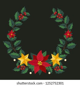 Vector shape of text box label and frame, Christmas flowers ivy style with branch and leaves.