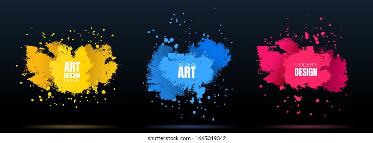 Vector shape for text. Modern Art graphics. Dynamic frame stylish geometric black background. Element for design business cards, invitations, gift cards, flyers and brochures. Ink brush paint splashes