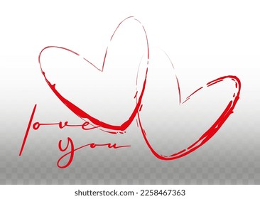 Vector shape of two hearts with a brush and the inscription love you. Red, isolated. 