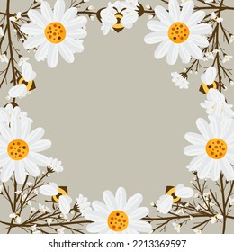 Vector shape of White daisy flowers frame, Floral border box label of wreath ivy style with branch and leaves.