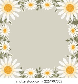 Forma vectorial del marco de flores de margarita blanca, etiqueta de la caja de borde floral del estilo de hiedra coronaria con rama y hojas.