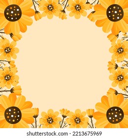 Vector shape of Yellow daisy flowers frame, Floral border box label of wreath ivy style with branch and leaves.