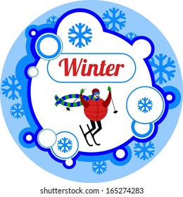 Vector shape-based illustration of a happy, laughing, cartoon young man skiing down a slope.