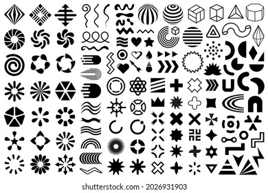 Vector shapes, black flat geometric design elements. Memphis set, group of abstract modern shapes and forms. Decorative elements collection.