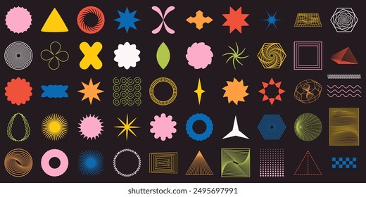 Vector shapes. Collection of retro elements for design. Spiral, lines, star, circles, dots, flower and more complex objects. Some elements have editable stroke for comfortable editing. Part8