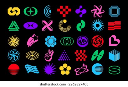 Vector shapes collection in Y2K style. Set of abstract form symbols and signs for posters, flyers, web pages, social media, banners, stickers