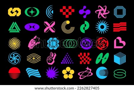 Vector shapes collection in Y2K style. Set of abstract form symbols and signs for posters, flyers, web pages, social media, banners, stickers