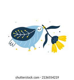 Vector shapes with cute bird and flower. Peace bird. Cartoon style.