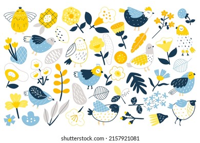 Vector shapes with cute birds and flowers. Peace bird. Vector set hand drawn illustration.