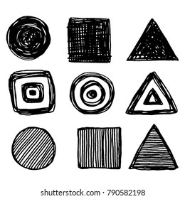 Vector Shapes For Design. Hand Drawn Scribble Symbols Isolated On White Background. Triangle, Circle, Square Distressed Texture. 