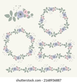Vector shapes frame. Vector floral wreath with pink, blue and purple flowers.