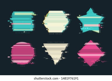 Vector shapes with glitch tv distortion effect and a place for text, geometric shapes star, triangle, circle, square, rhombus, isolated on white background, vector illustration