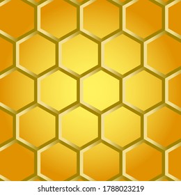Motif vectoriel harmonieux et éclatant, hexagones dorés en 3D sur fond jaune. Arrière-plan vectoriel peigne de miel pour l'industrie du miel, l'agriculture ou la transformation des aliments. Page d'accueil du magasin en ligne
