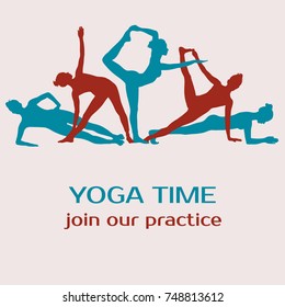 Vector shapes of group of woman practicing yoga in different poses. Yoga silhouettes for advertising yoga classes and studios.