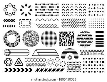 Vector shapes memphis design elements. Collection of black flat memphis elements. Overlay shape collection. Texture circles, arrows patterns isolated on white background