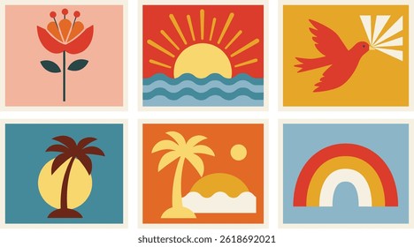 Vector shapes in simple floral wavy and groovy naive style, ocean and vacation theme, flowers and plants