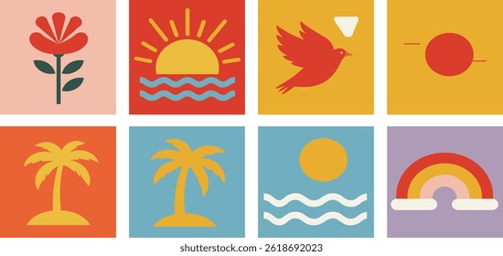Vector shapes in simple floral wavy and groovy naive style, ocean and vacation theme, flowers and plants