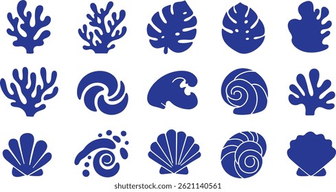 Formas vetoriais em estilo simples ondulado floral e groovy ingênuo, tema de férias e oceano, flores e plantas,
