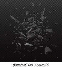 Vector shards of broken glass. Shattered glass pieces isolated on black background. Abstract explosion. 