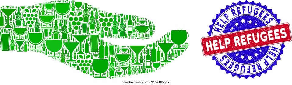 Vector teilen Hand Symbol Wein Mosaik und Grunge bicolor Hilfe Flüchtlinge Siegel. Rotes und blaues, bicfarbenes Siegel mit Grunge-Textur und Hilf-Flüchtlingen-Anhänger. Hand-Mosaik-Symbol mit Weingläsern teilen,