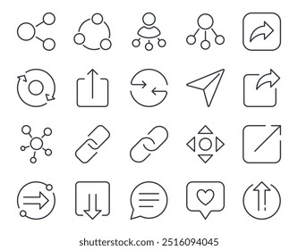 Vector share icons. In social networks and web sites. Symbols of sharing information, data and files. Button to send or invite a friend in a blog, group or online community. Editable stroke line set.