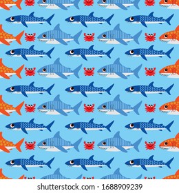 vector shark blue and orange and crab seamless pattern