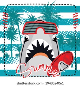 vector of shark cartoon Red sunglasses  tropical Palm tree pattern in surfboard  Blue Striped background or poster. 