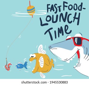 vector shark and fish comic illustration for baby or kids t shirt print