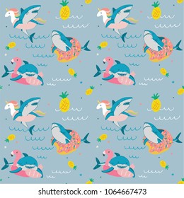 Vector shark funny beach party sea animal wild hand drawn seamless pattern