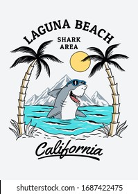 Vector shark illustration with palm trees, mountain background and slogans. California Laguna beach. For t-shirt prints, posters and other uses.