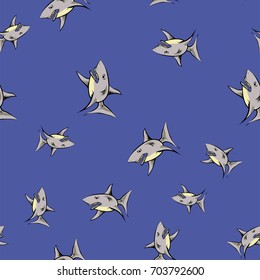 Vector Shark Isolated on Blue Background. Fish Seamless Pattern
