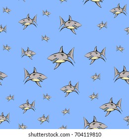 Vector Shark Isolated on Blue Background. Fish Seamless Pattern