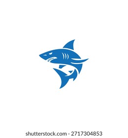 Logotipo del tiburón del Vector con el color azul. Diseño moderno del logotipo del tiburón en el fondo blanco. Ilustración agresiva del símbolo del tiburón. Icono de Vector de Plantilla de logotipo de tiburón para identidad de marca deportiva, oceánica y acuática.