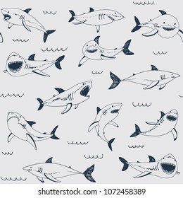 Vector shark sea animal wild hand drawn doodle silhouette seamless pattern