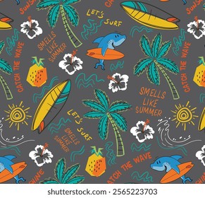 vector shark surf and palm and hibiscus illustration for t shirt print