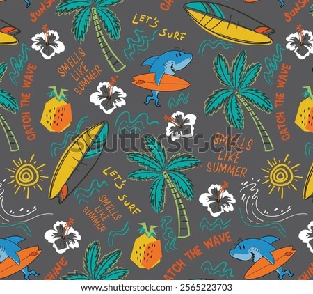 vector shark surf and palm and hibiscus illustration for t shirt print