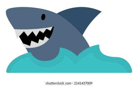 Vector shark and water icon. Cute sea animal illustration. Treasure island hunter picture. Funny pirate party element for kids. Scary fish picture with toothy opened jaws.
