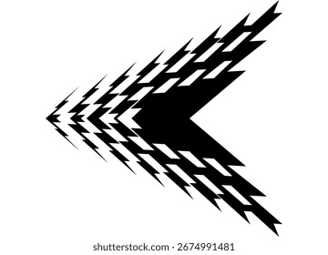 Seta dinâmica nítida vetorial, preto sobre fundo branco. Elemento de design listrado de linhas quebradas. Ponteiro, direção. Vetor desportivo de fundo.