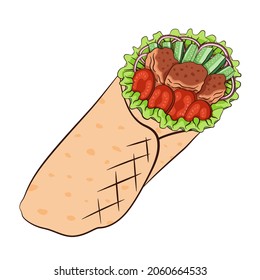 Vector shawarma with onions, cucumbers, salad, meat and tomatoes. Isolated illustration in cartoon style poster, menus, brochure, web and icon fast food.