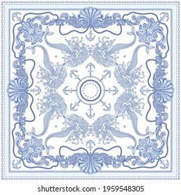 Vector shawl blue print on a white background. Fashionable silver chains and anchor pattern, Baroque fantasy scroll, blue beautiful mermaid and pearls. Scarf, bandana, neckerchief, silk patch, carpet